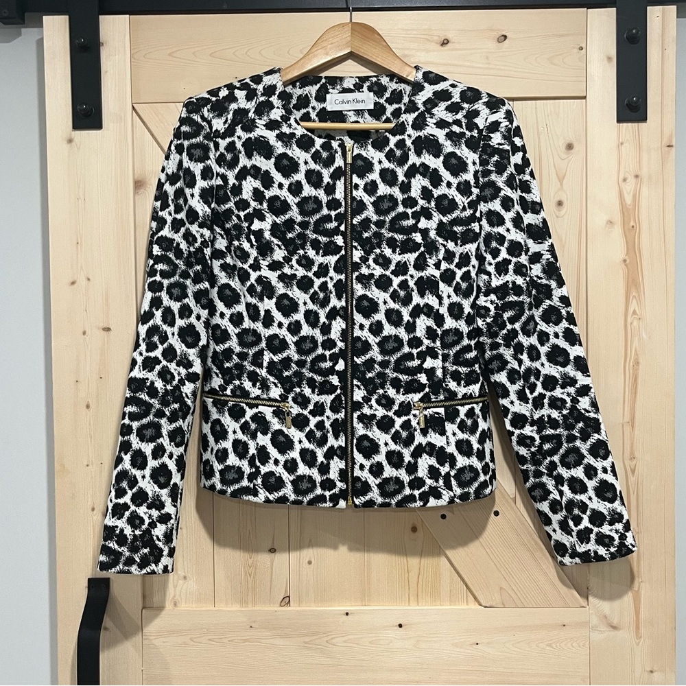 Gently Used Calvin Klein Women's Leopard Blazer in Black & White, Size Medium